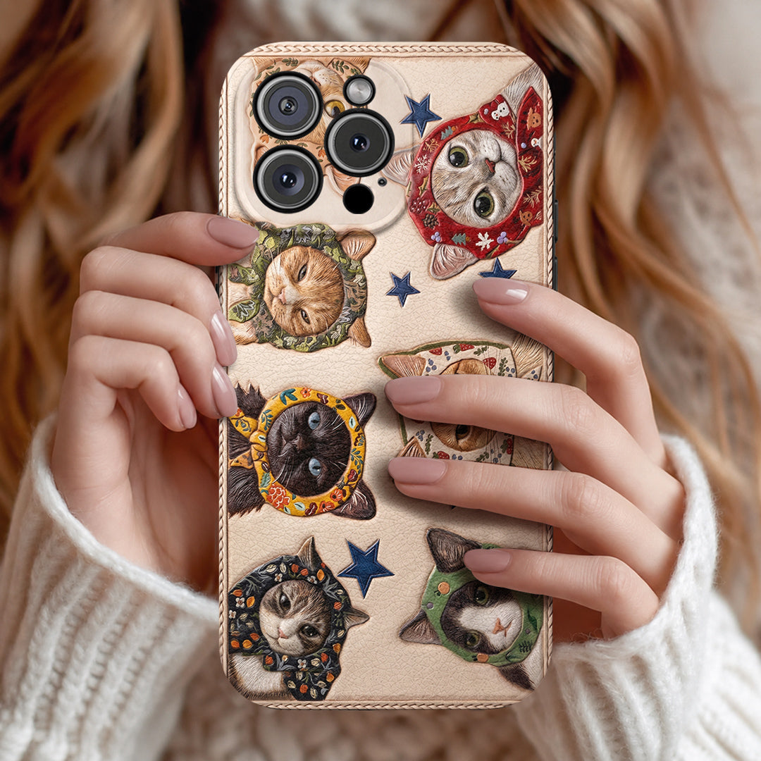 Cat Leather Phone Case Floral Scarf Cats