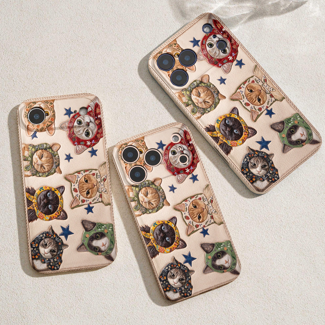 Cat Leather Phone Case Floral Scarf Cats