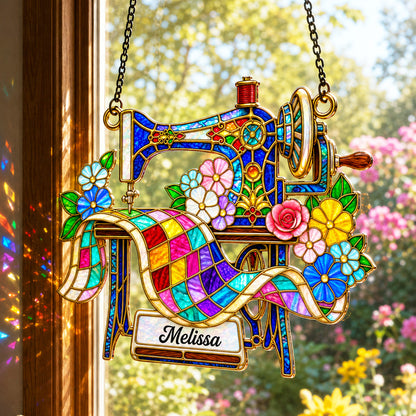 Sewing Lover Decor 3D Glass Suncatcher Custom Name Quilter's Floral Stitch