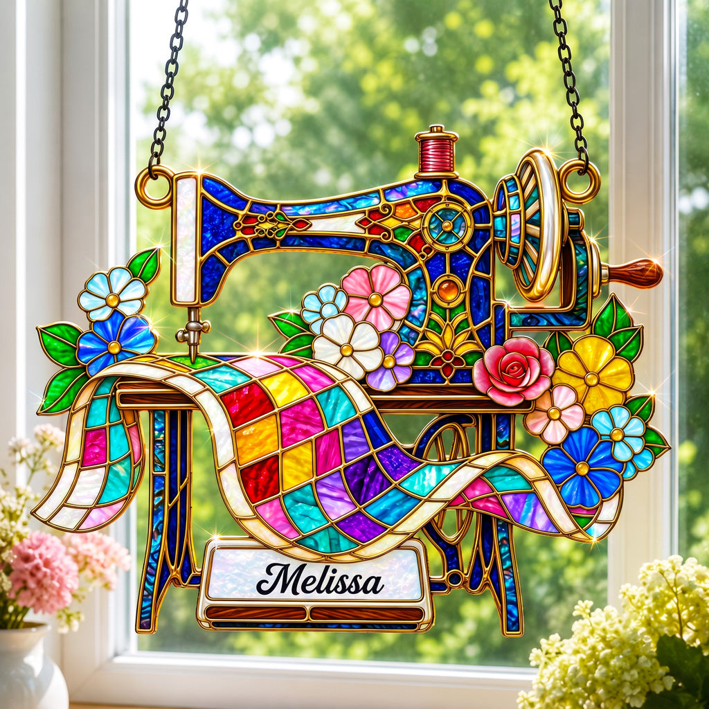 Sewing Lover Decor 3D Glass Suncatcher Custom Name Quilter's Floral Stitch