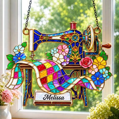 Sewing Lover Decor 3D Glass Suncatcher Custom Name Quilter's Floral Stitch