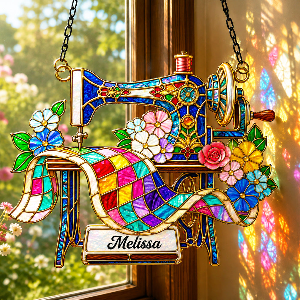 Sewing Lover Decor 3D Glass Suncatcher Custom Name Quilter's Floral Stitch