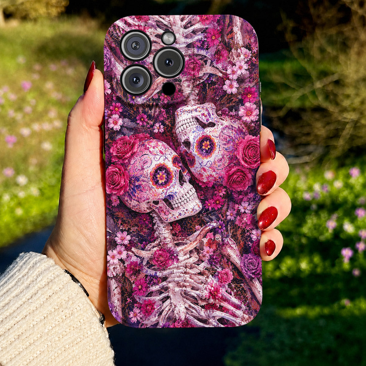 Skull Leather Phone Case Floral Skull - Beige
