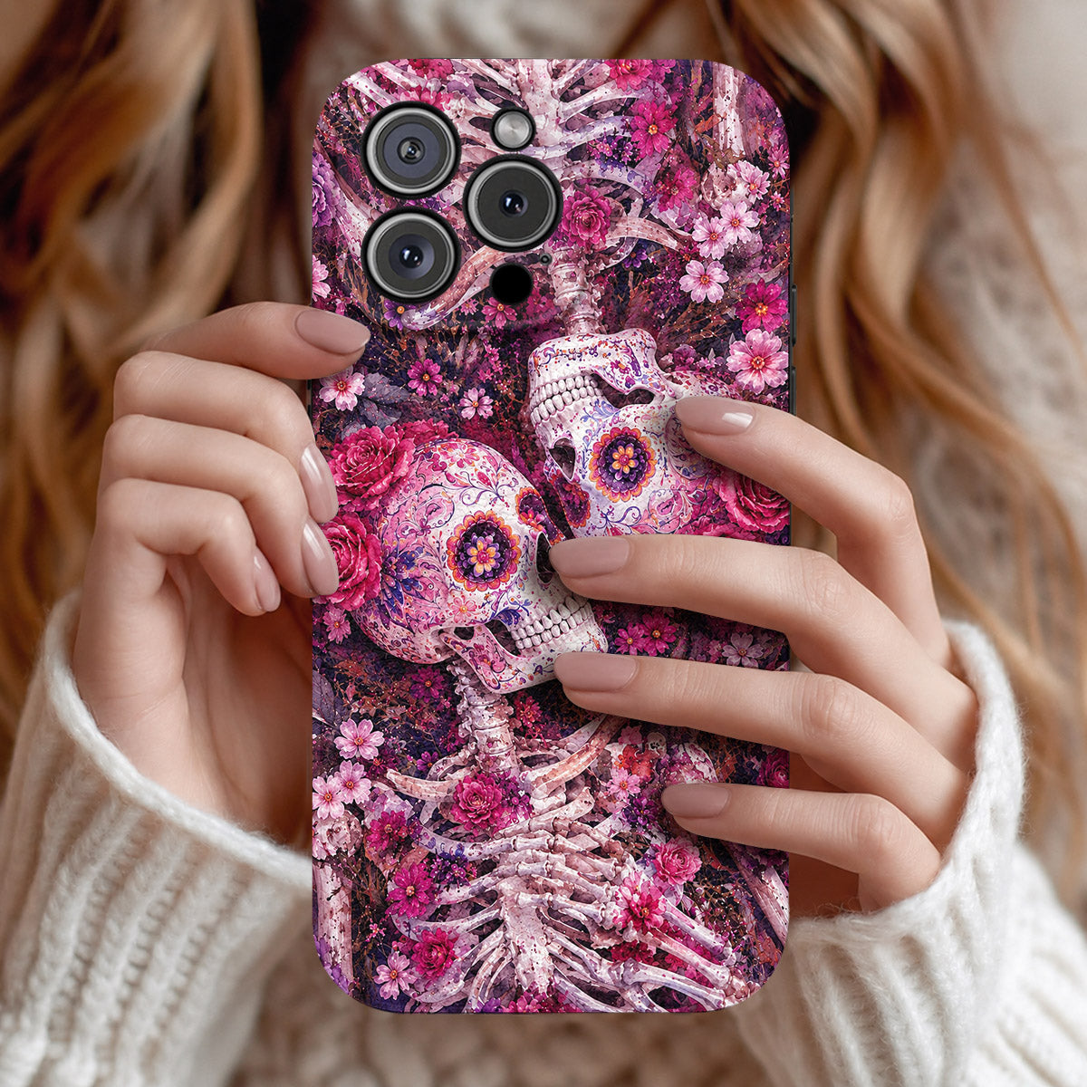 Skull Leather Phone Case Floral Skull - Beige