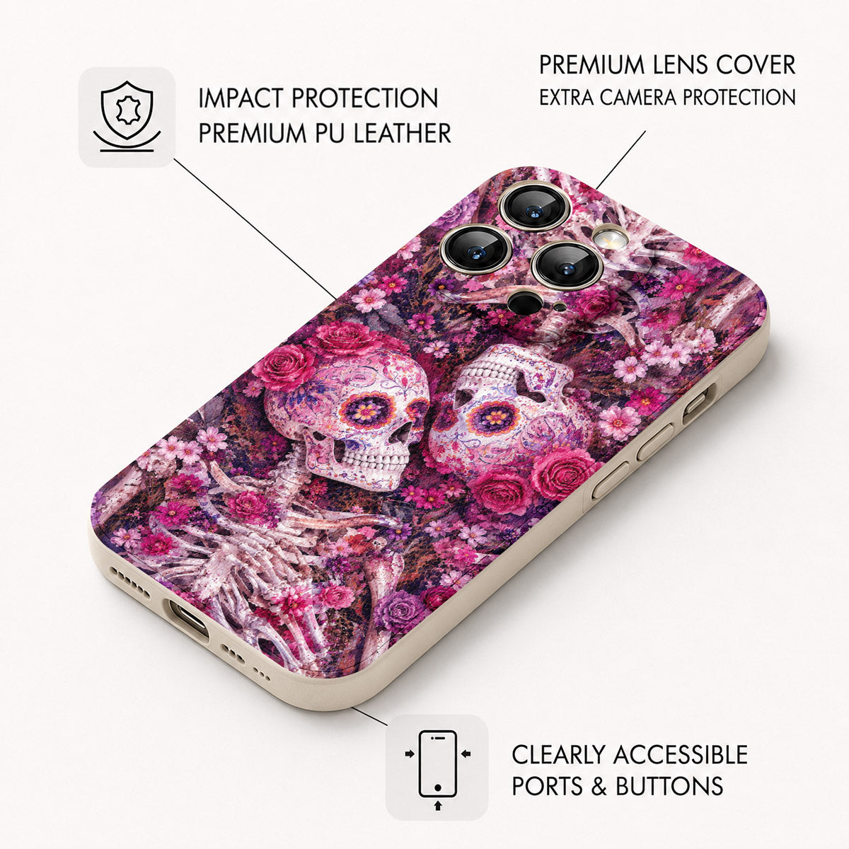 Skull Leather Phone Case Floral Skull - Beige