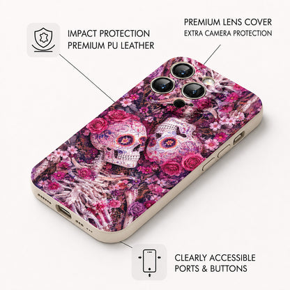 Skull Leather Phone Case Floral Skull - Beige