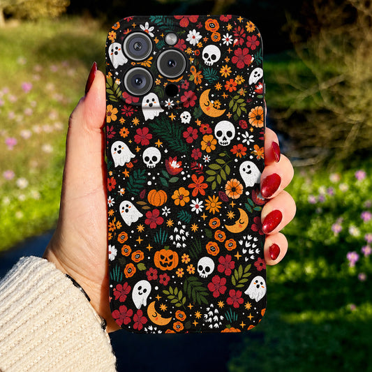 Halloween Leather Phone Case Floral Spooky - Beige