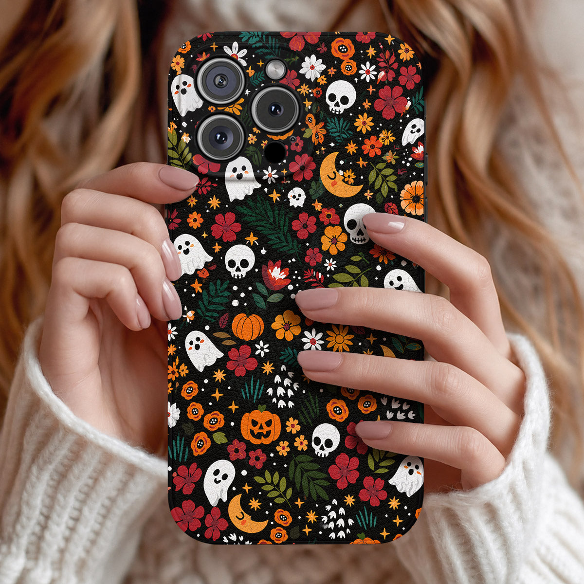Halloween Leather Phone Case Floral Spooky - Beige