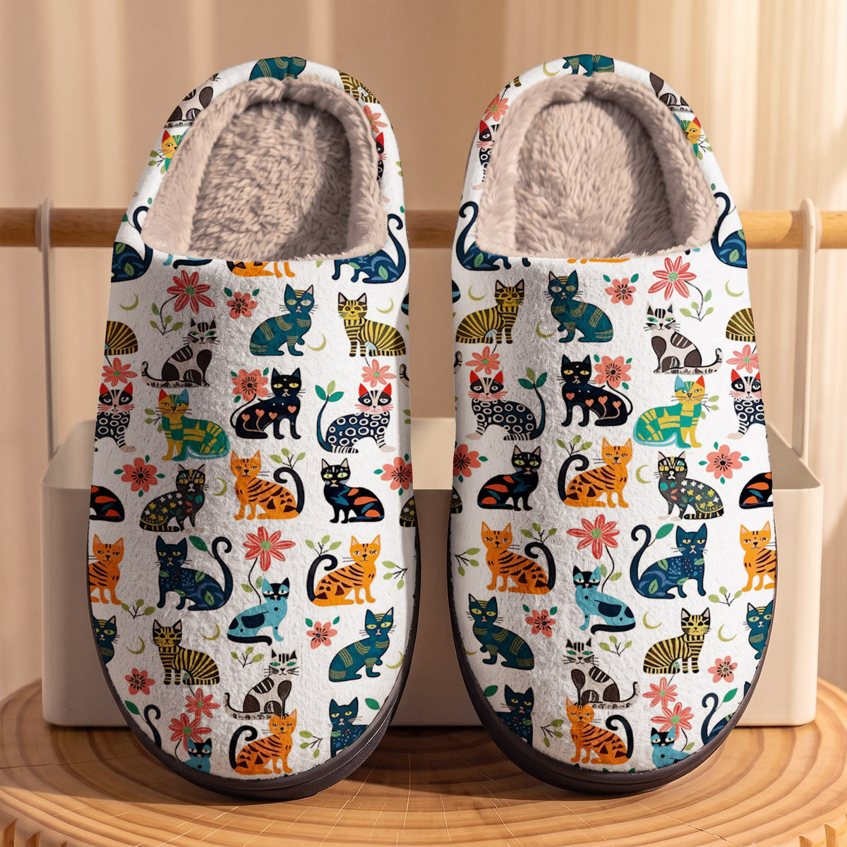 Cat Lover Fleece Lined Slippers Floral Paws