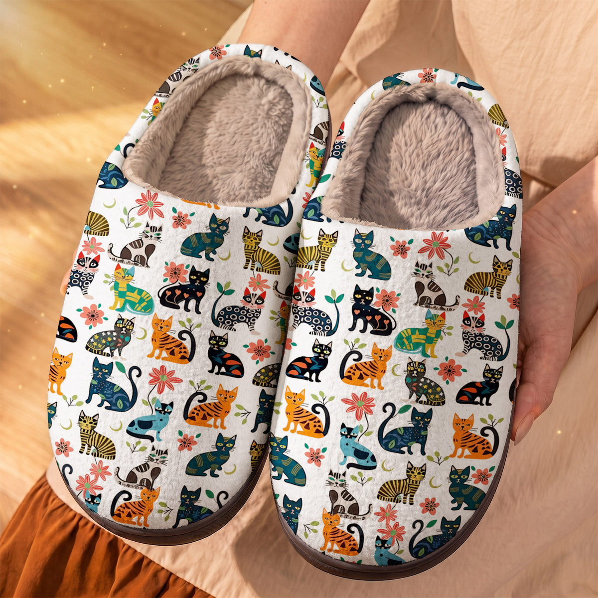 Cat Lover Fleece Lined Slippers Floral Paws