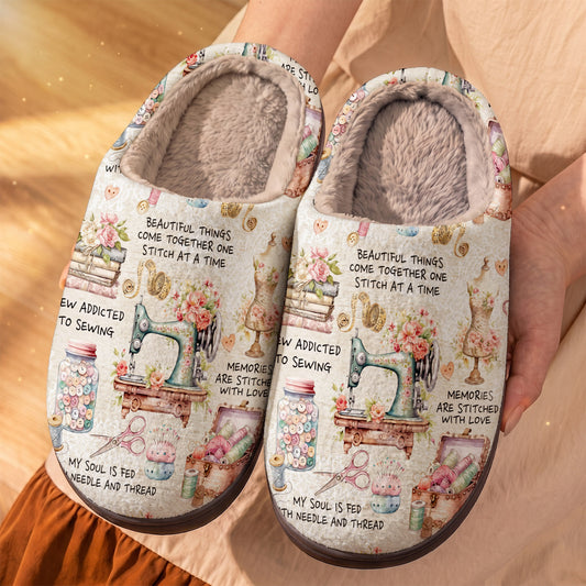 Sewing Lover PB Fleece Lined Slippers Floral Vintage Sewing
