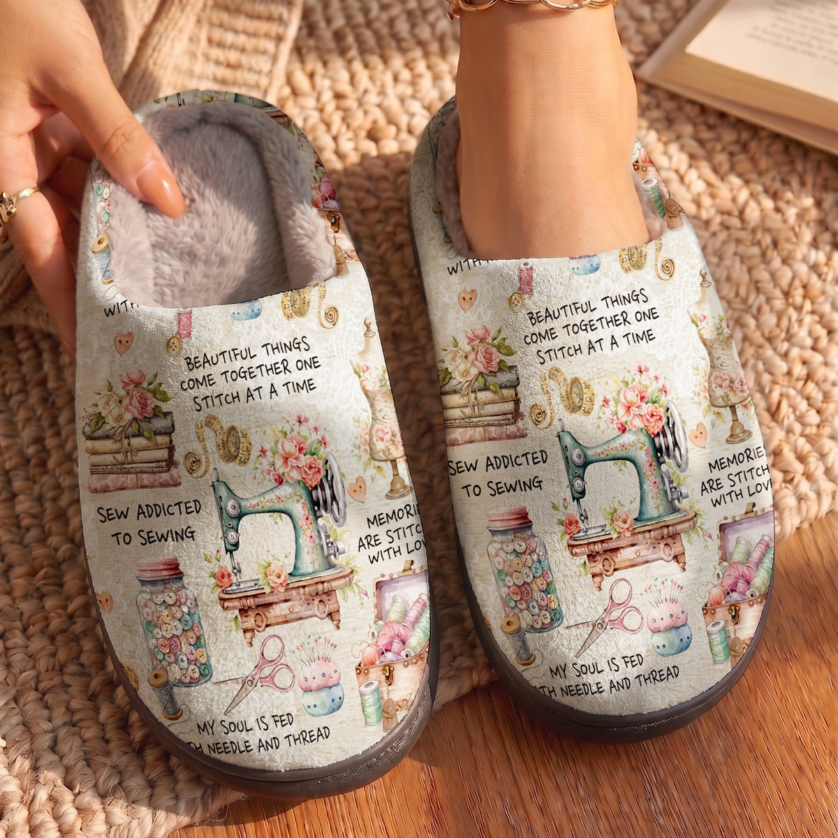 Sewing Lover PB Fleece Lined Slippers Floral Vintage Sewing