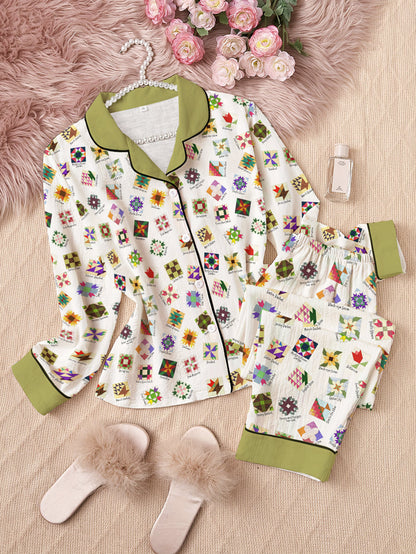 Sewing Lover Pajama Set Flower Quilt Block Pattern