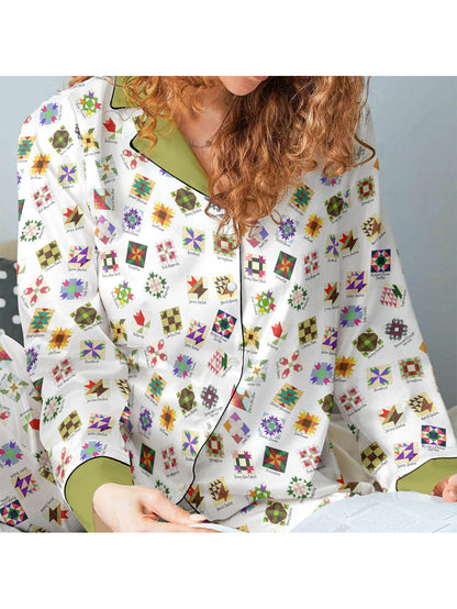 Sewing Lover Pajama Set Flower Quilt Block Pattern