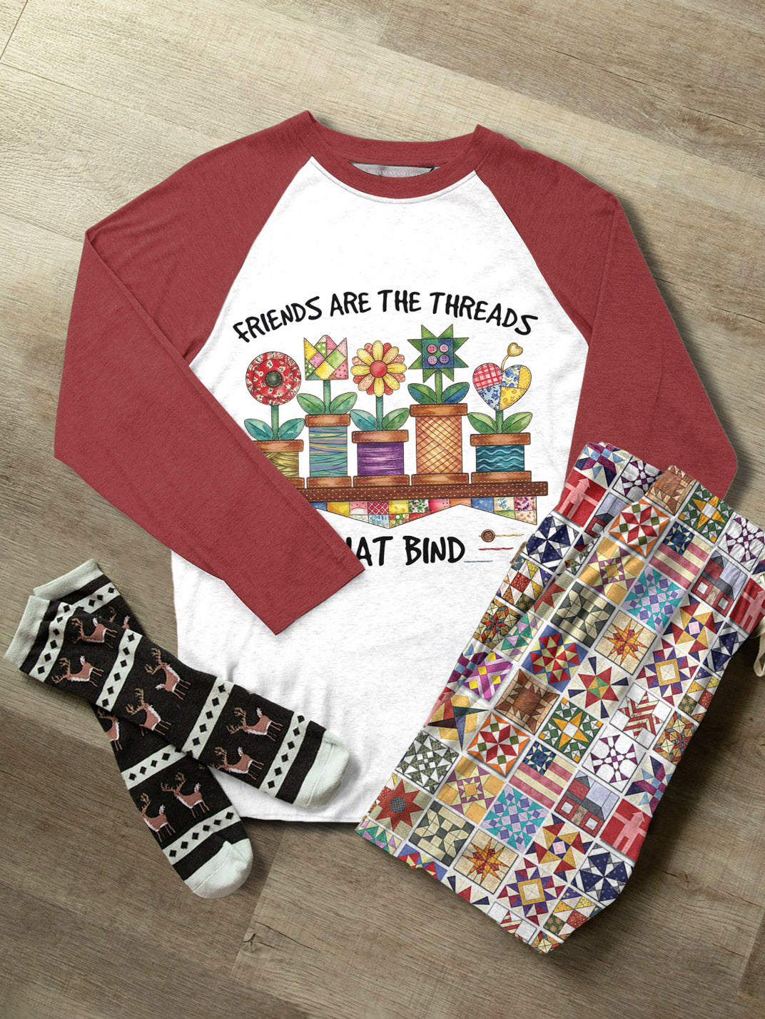 Quilting Lover Raglan Lounge Pajamas Friends Are The Threads That Bind
