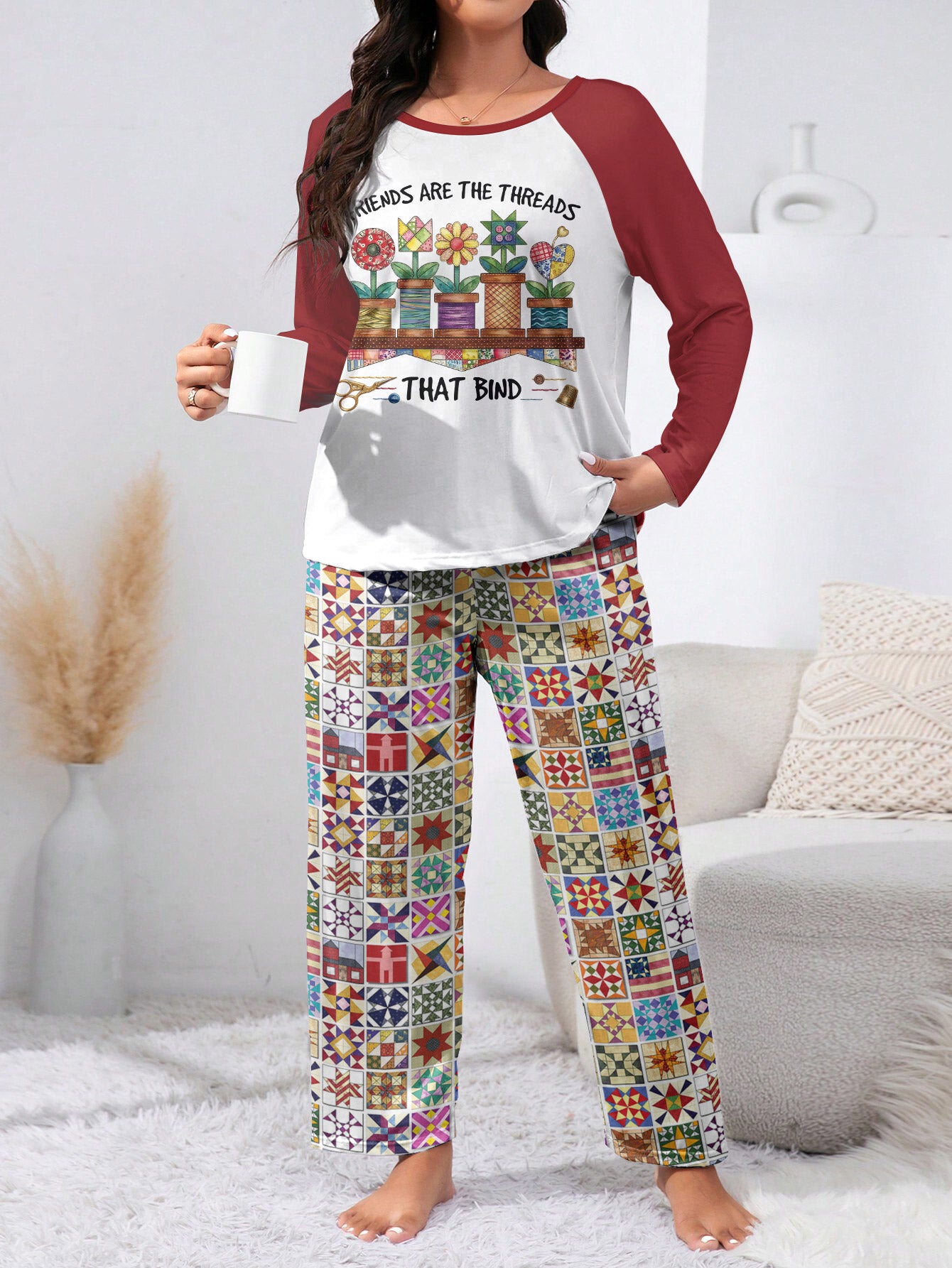 Quilting Lover Raglan Lounge Pajamas Friends Are The Threads That Bind