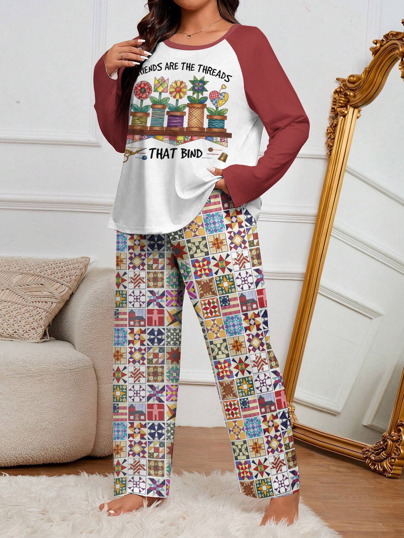 Quilting Lover Raglan Lounge Pajamas Friends Are The Threads That Bind