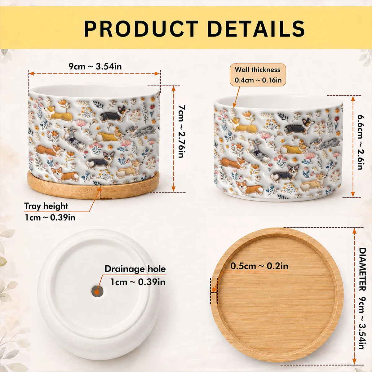Corgi Flat Print Ceramic Plant Pot Happy Field Flowers