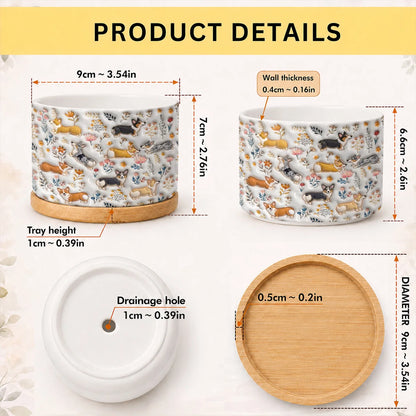 Corgi Flat Print Ceramic Plant Pot Happy Field Flowers