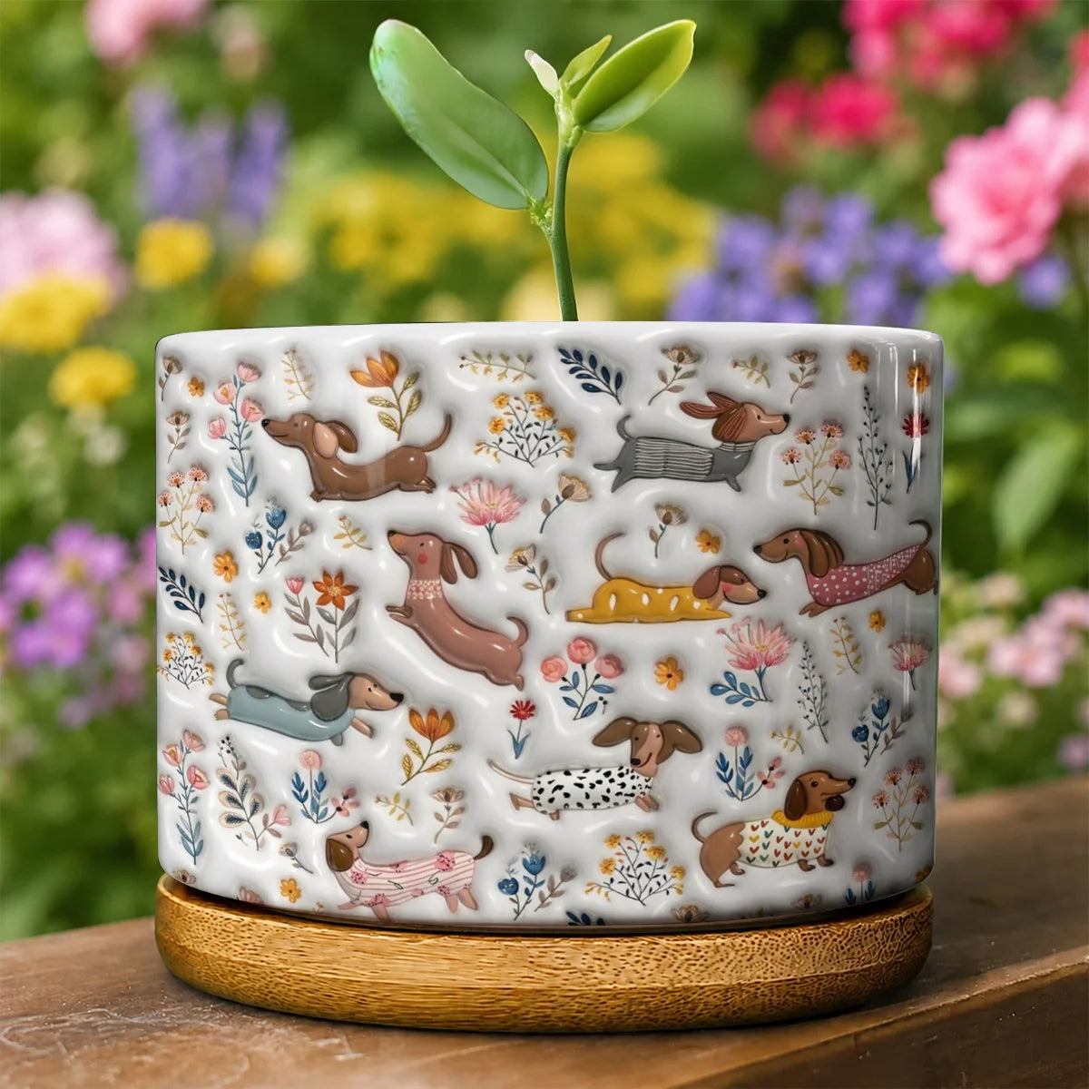 Dachshund Ceramic Plant Pot Happy Field Flowers