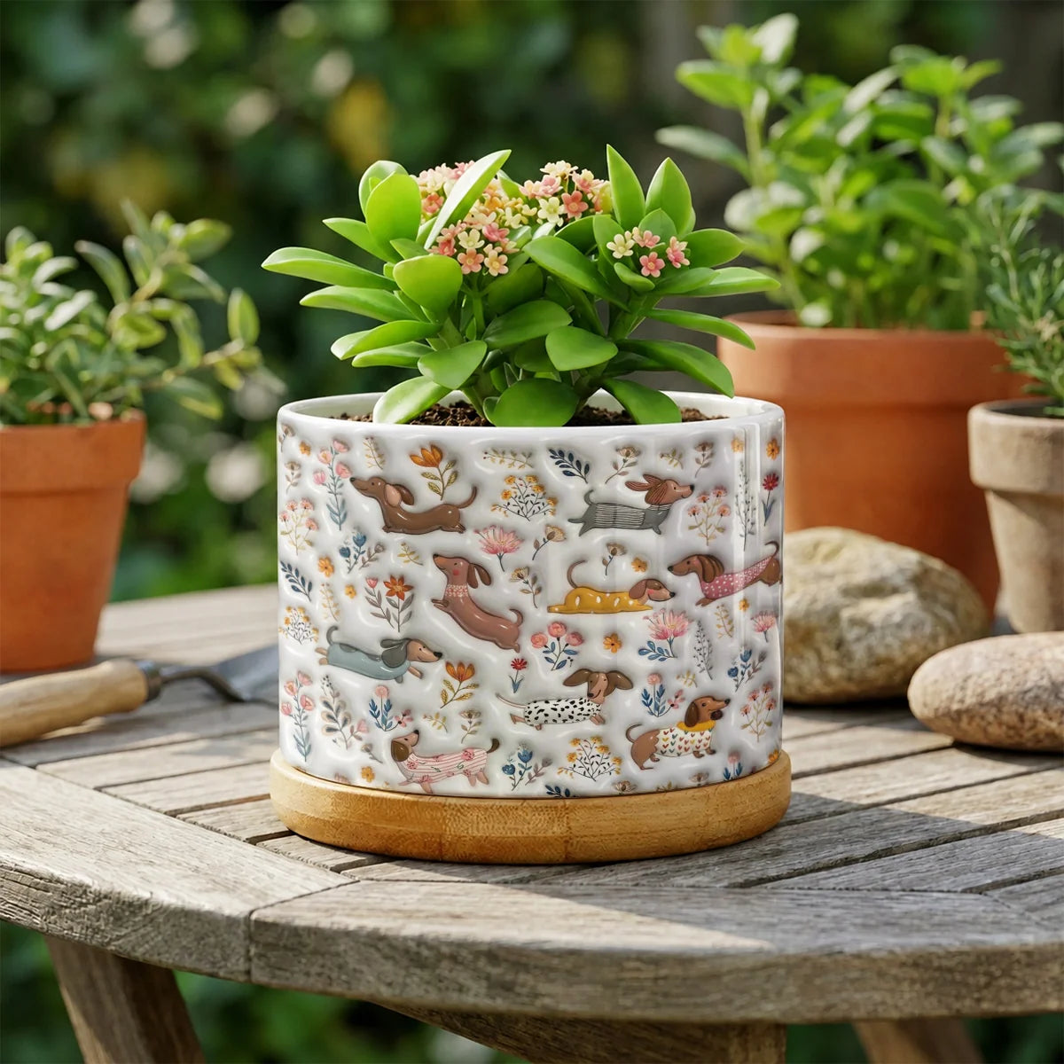 Dachshund Ceramic Plant Pot Happy Field Flowers