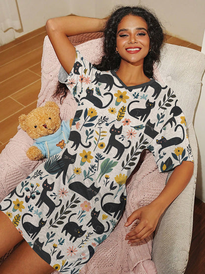 Cat Lover V-neck Nightshirt Garden Purrs