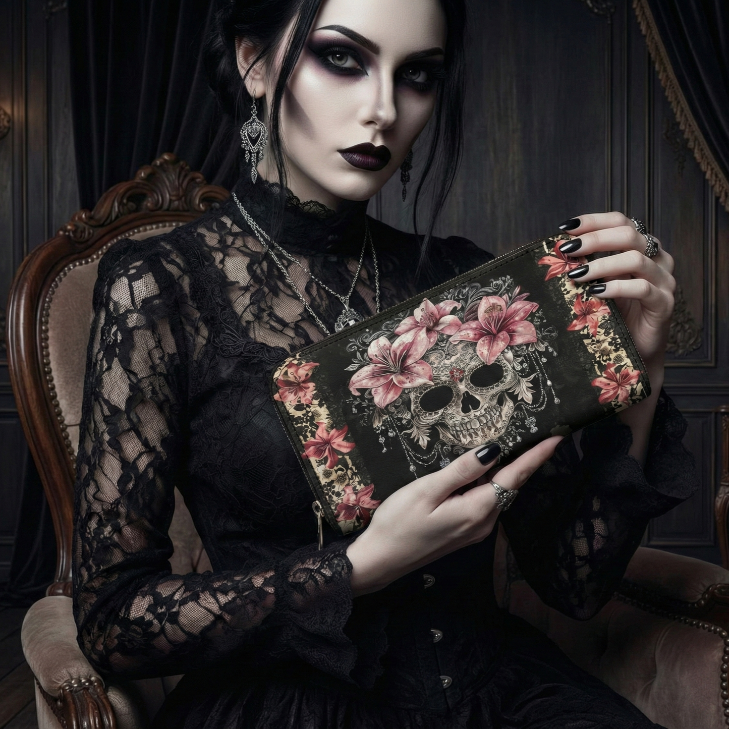 Gothic Skull Leather Wallet Midnight Lily Skull