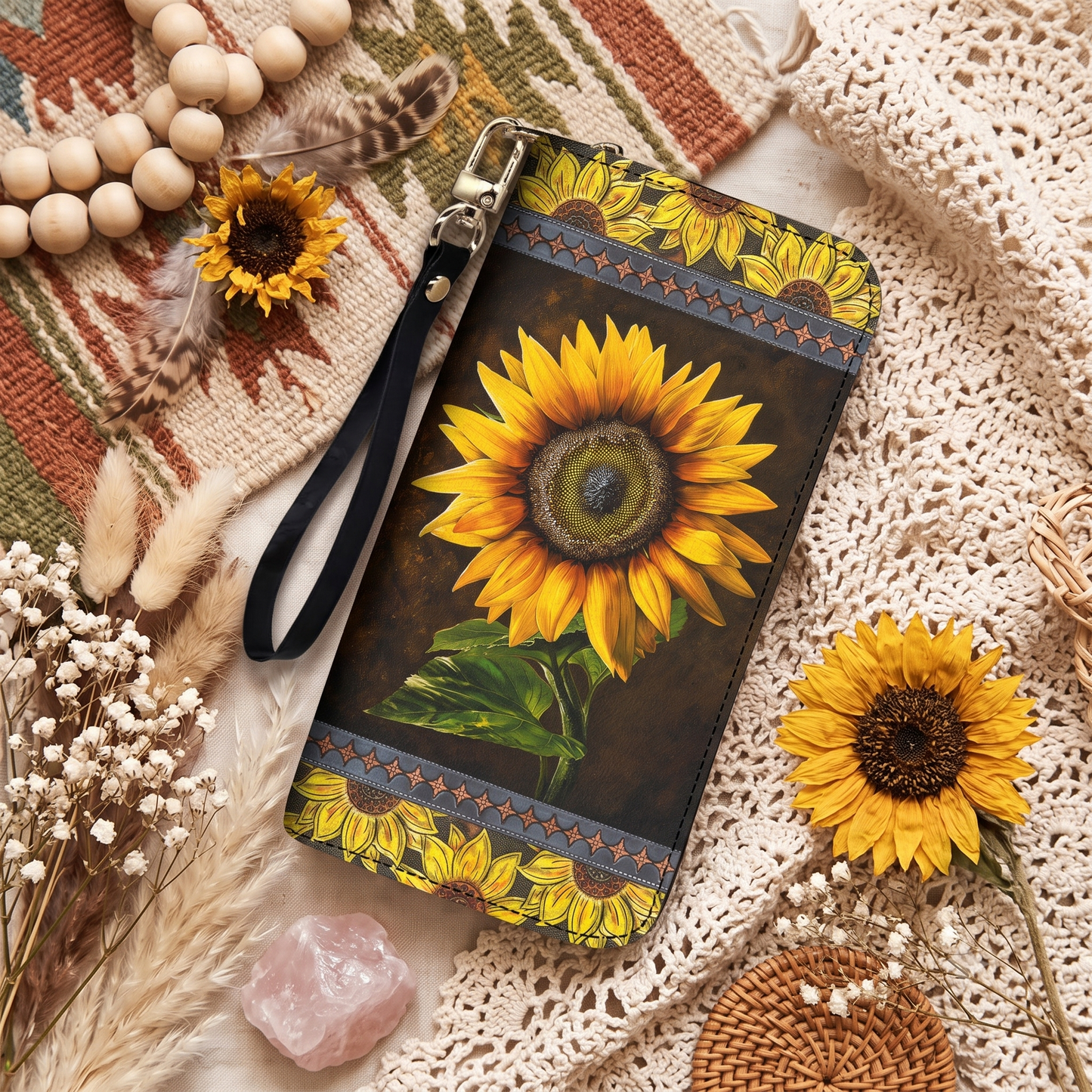 Sunflower Leather Wallet Golden Sunflower Glow