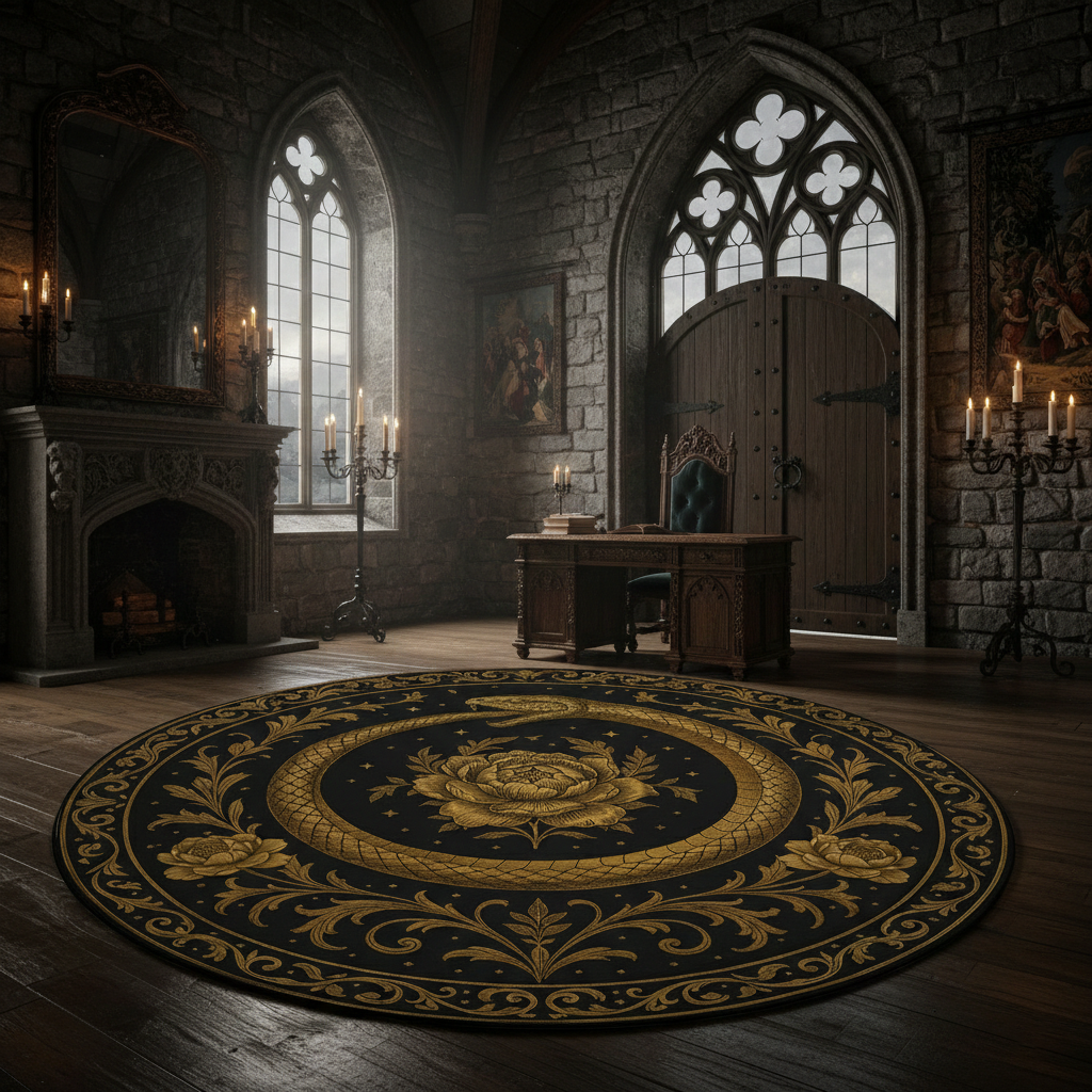 Gothic Round Rug Ouroboros Snake Bloom Within the Circle