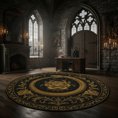 Gothic Round Rug Ouroboros Snake Bloom Within the Circle