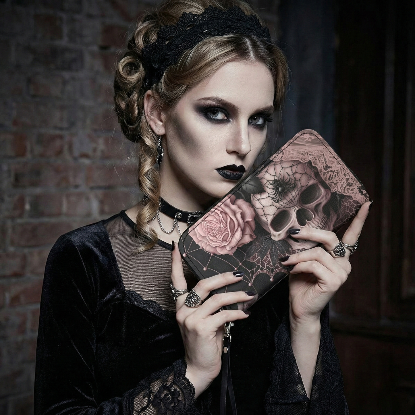 Gothic Skull Leather Wallet Rose Beneath the Web