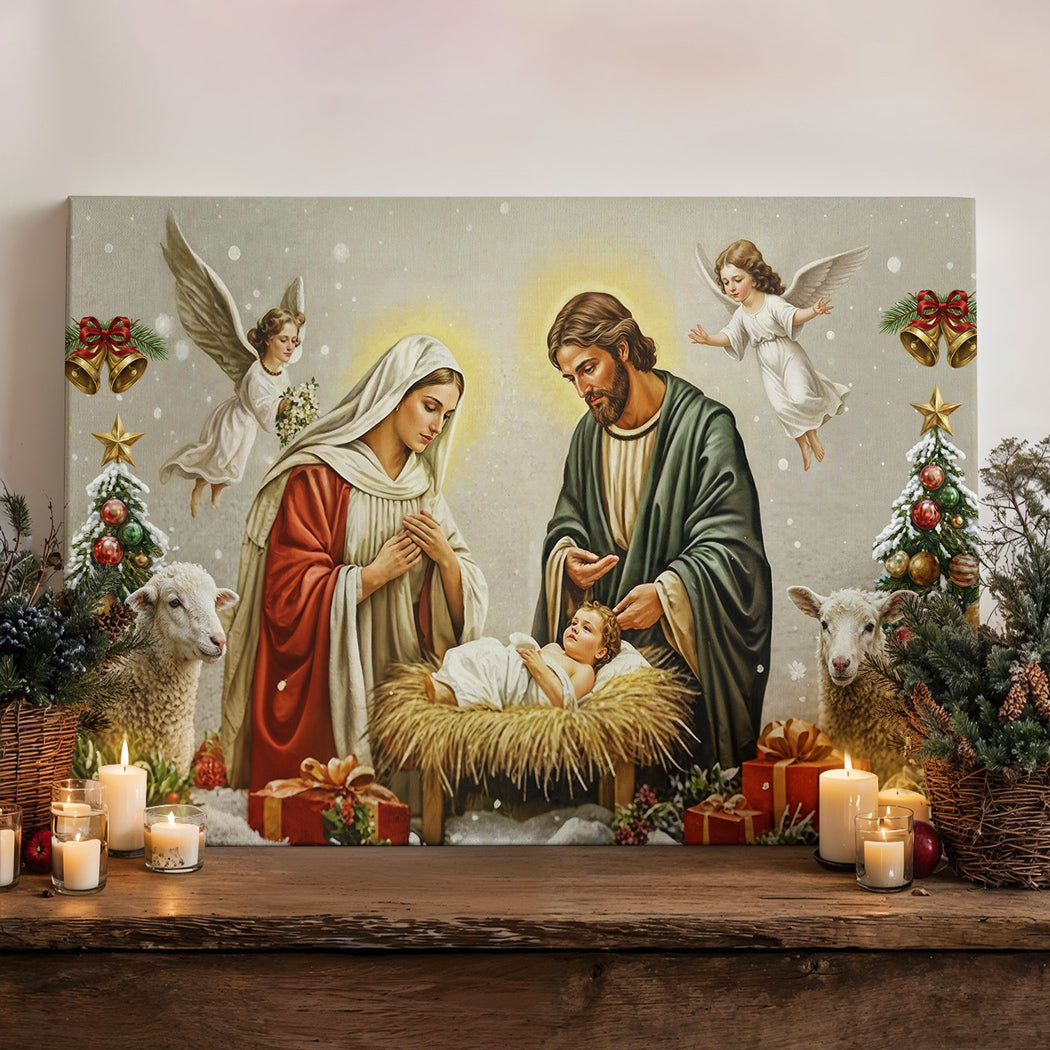 God Wooden-Framed Canvas Wall Art Golden Manger The Nativity Scene