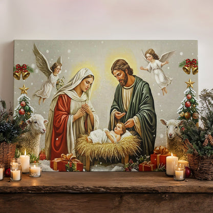 God Wooden-Framed Canvas Wall Art Golden Manger The Nativity Scene