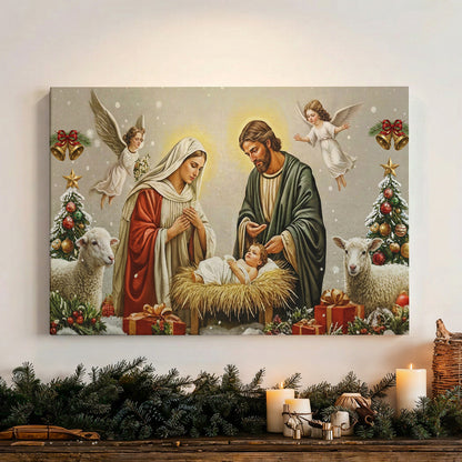 God Wooden-Framed Canvas Wall Art Golden Manger The Nativity Scene