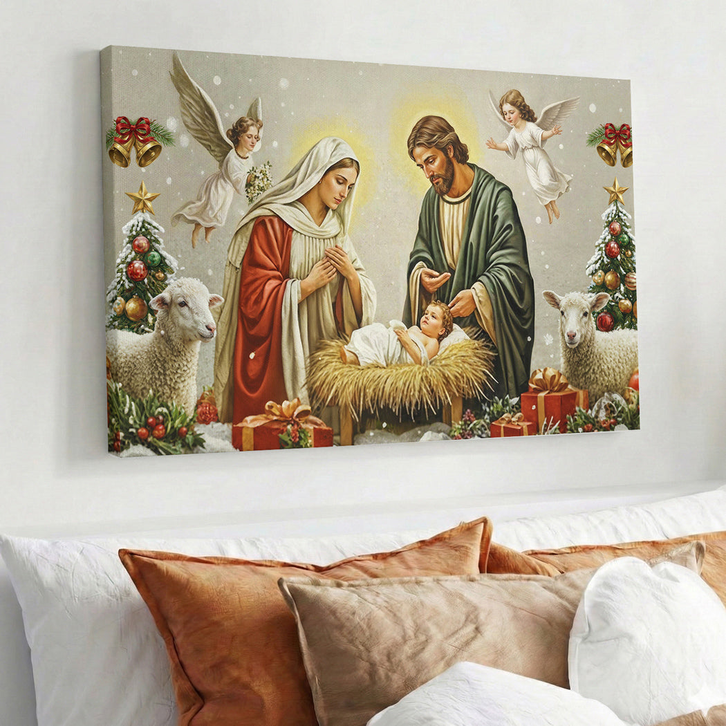 God Wooden-Framed Canvas Wall Art Golden Manger The Nativity Scene