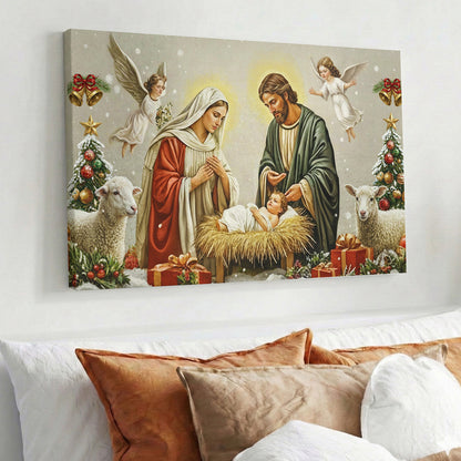God Wooden-Framed Canvas Wall Art Golden Manger The Nativity Scene