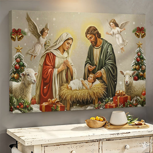 God Wooden-Framed Canvas Wall Art Golden Manger The Nativity Scene