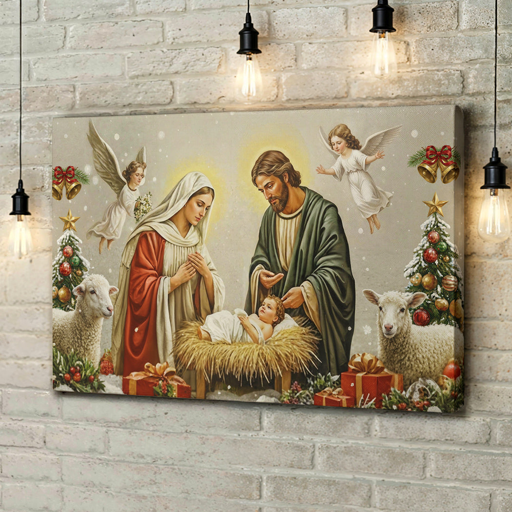 God Wooden-Framed Canvas Wall Art Golden Manger The Nativity Scene