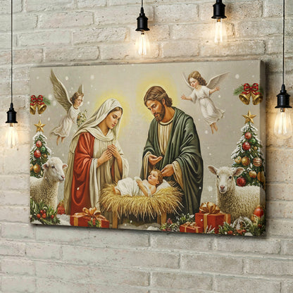 God Wooden-Framed Canvas Wall Art Golden Manger The Nativity Scene