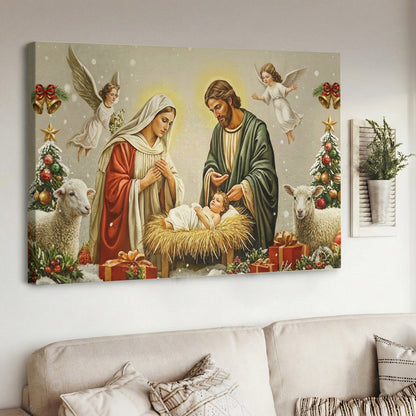 God Wooden-Framed Canvas Wall Art Golden Manger The Nativity Scene