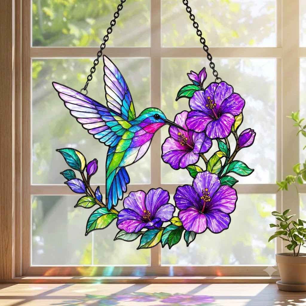 Bird Lovers 3D Glass Suncatcher Gorgeous Purple Hummingbird