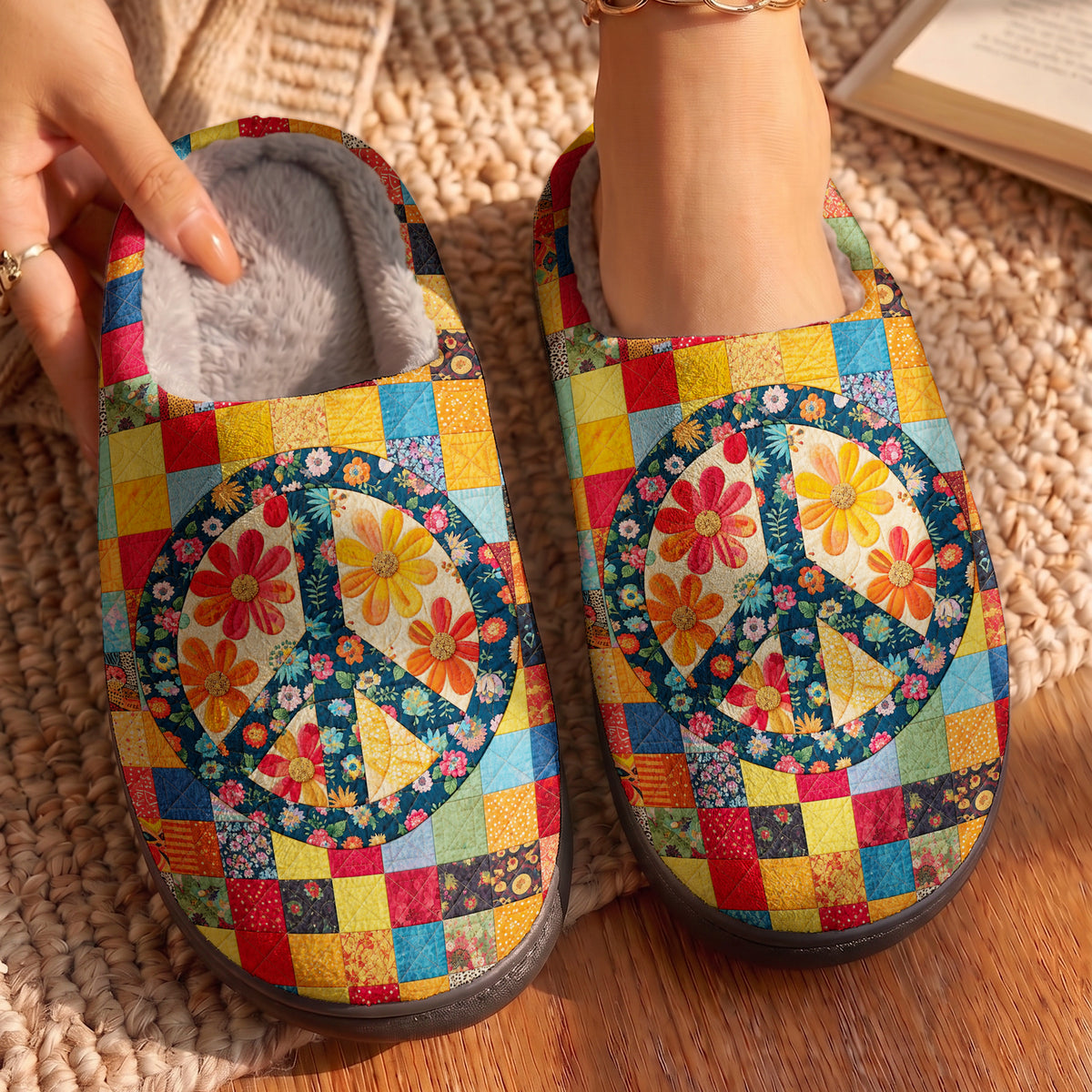 Hippie Fleece Lined Slippers Groovy Daisy