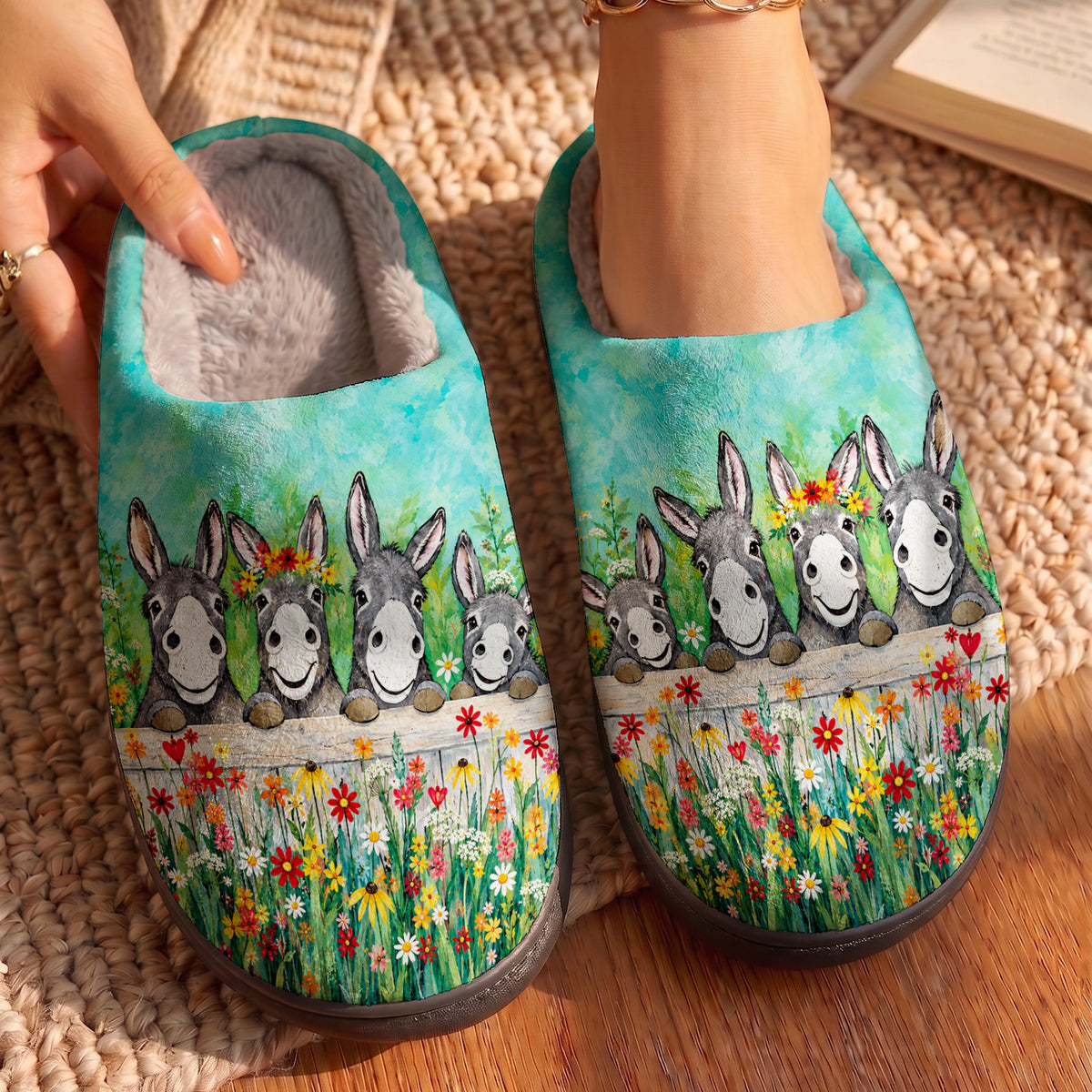 Donkey Fleece Lined Slippers Happy Donkey Meadow