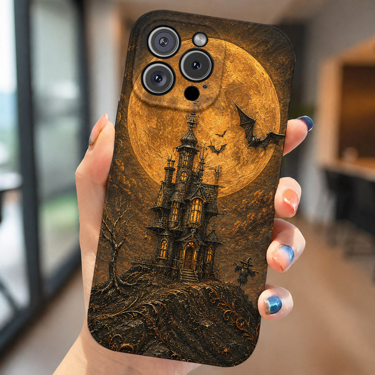 Halloween Leather Phone Case Haunted Castle - Black