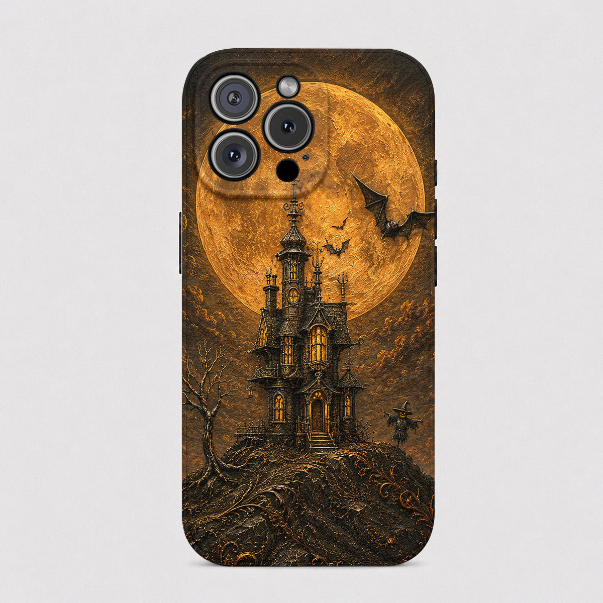 Halloween Leather Phone Case Haunted Castle - Black