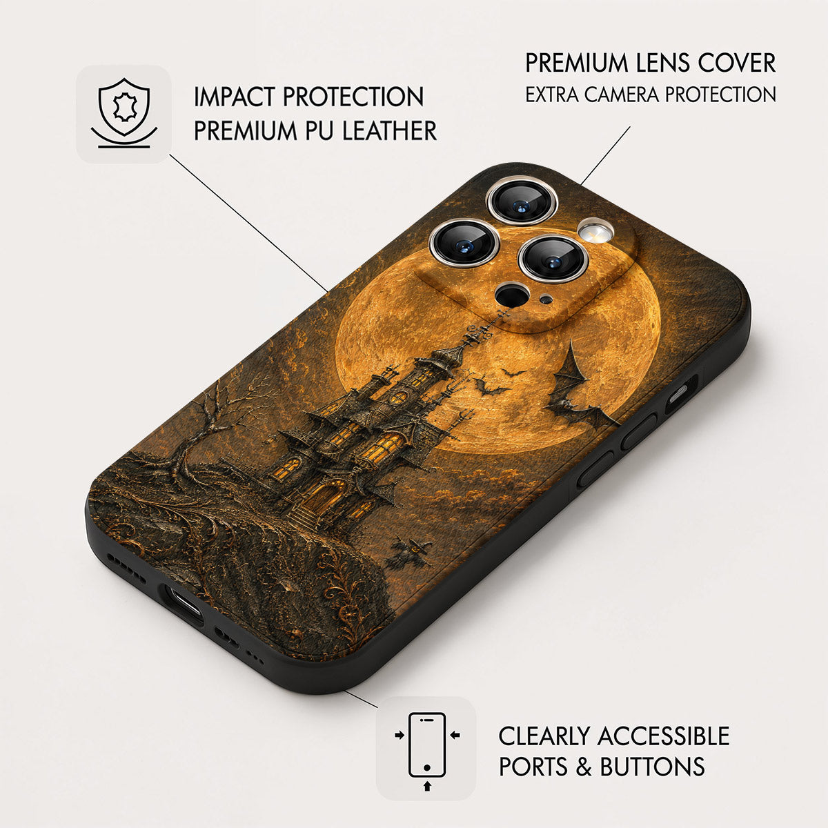 Halloween Leather Phone Case Haunted Castle - Black