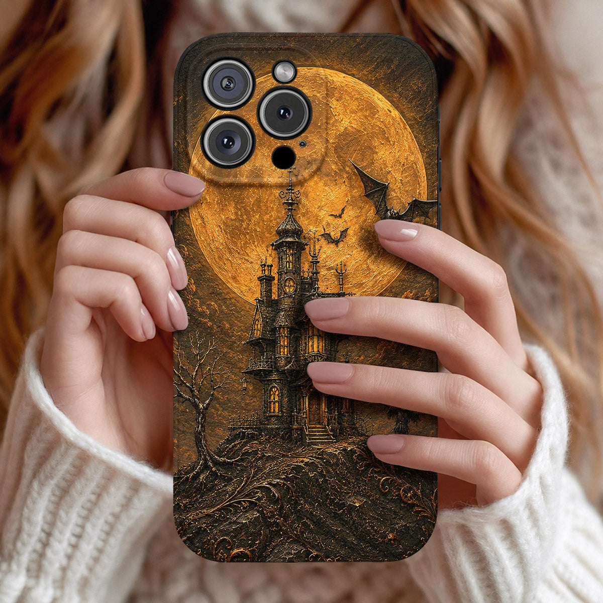Halloween Leather Phone Case Haunted Castle - Black