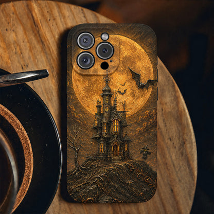 Halloween Leather Phone Case Haunted Castle - Black