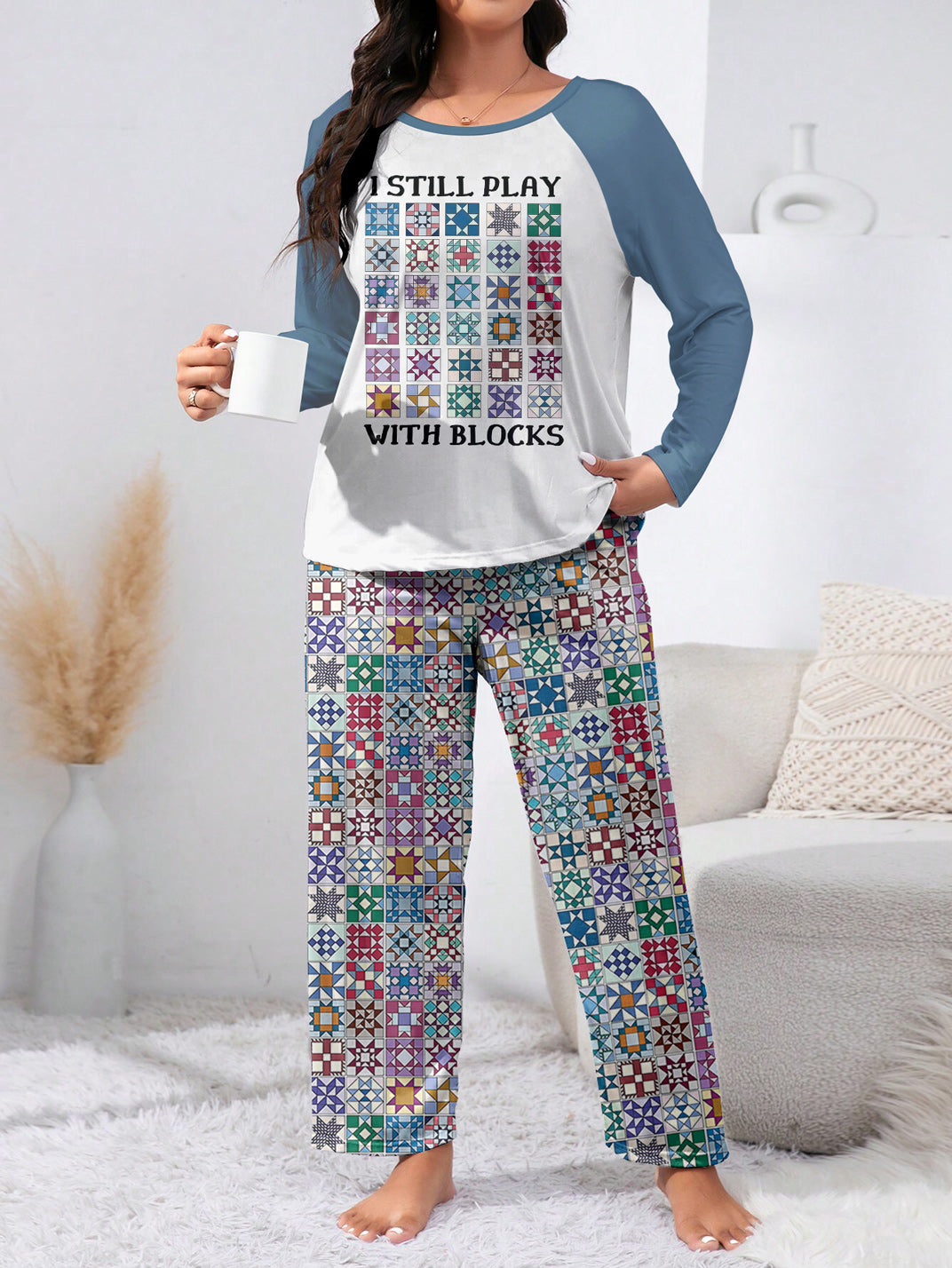 Sewing Lover Raglan Lounge Pajamas I Still Play With Blocks Cool Tone