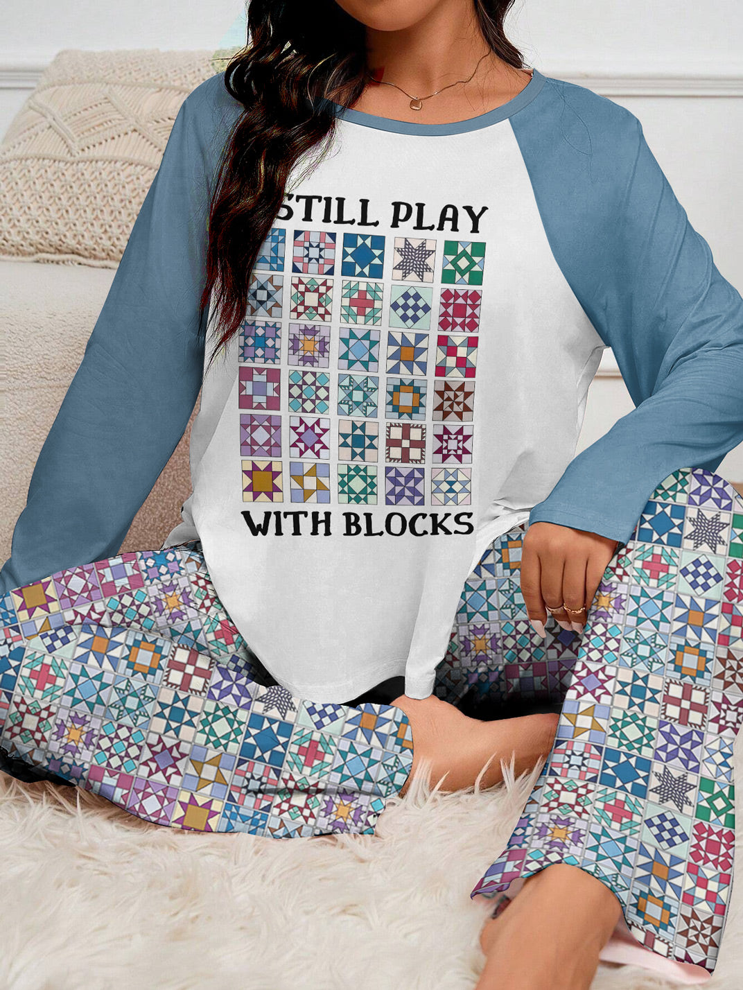 Sewing Lover Raglan Lounge Pajamas I Still Play With Blocks Cool Tone